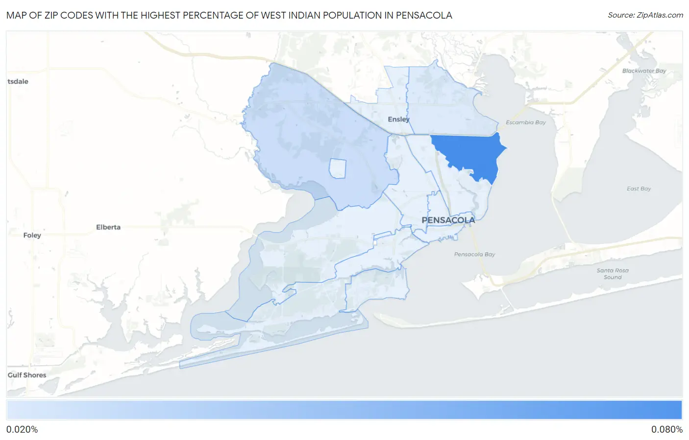 Zip Codes with the Highest Percentage of West Indian Population in Pensacola Map