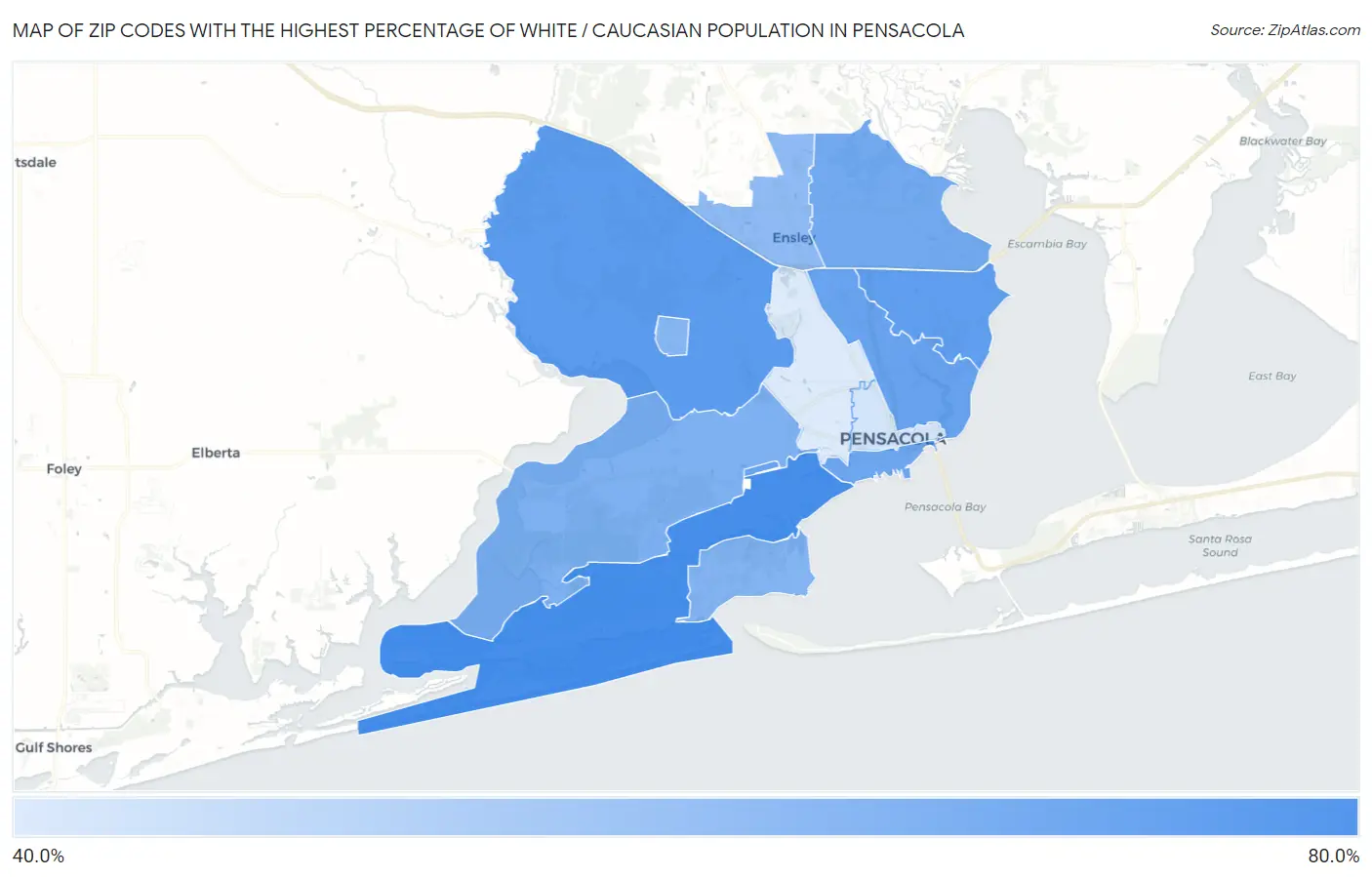 Zip Codes with the Highest Percentage of White / Caucasian Population in Pensacola Map