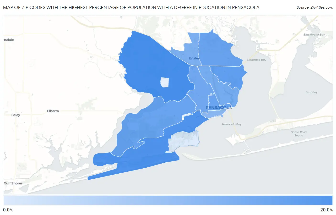 Zip Codes with the Highest Percentage of Population with a Degree in Education in Pensacola Map