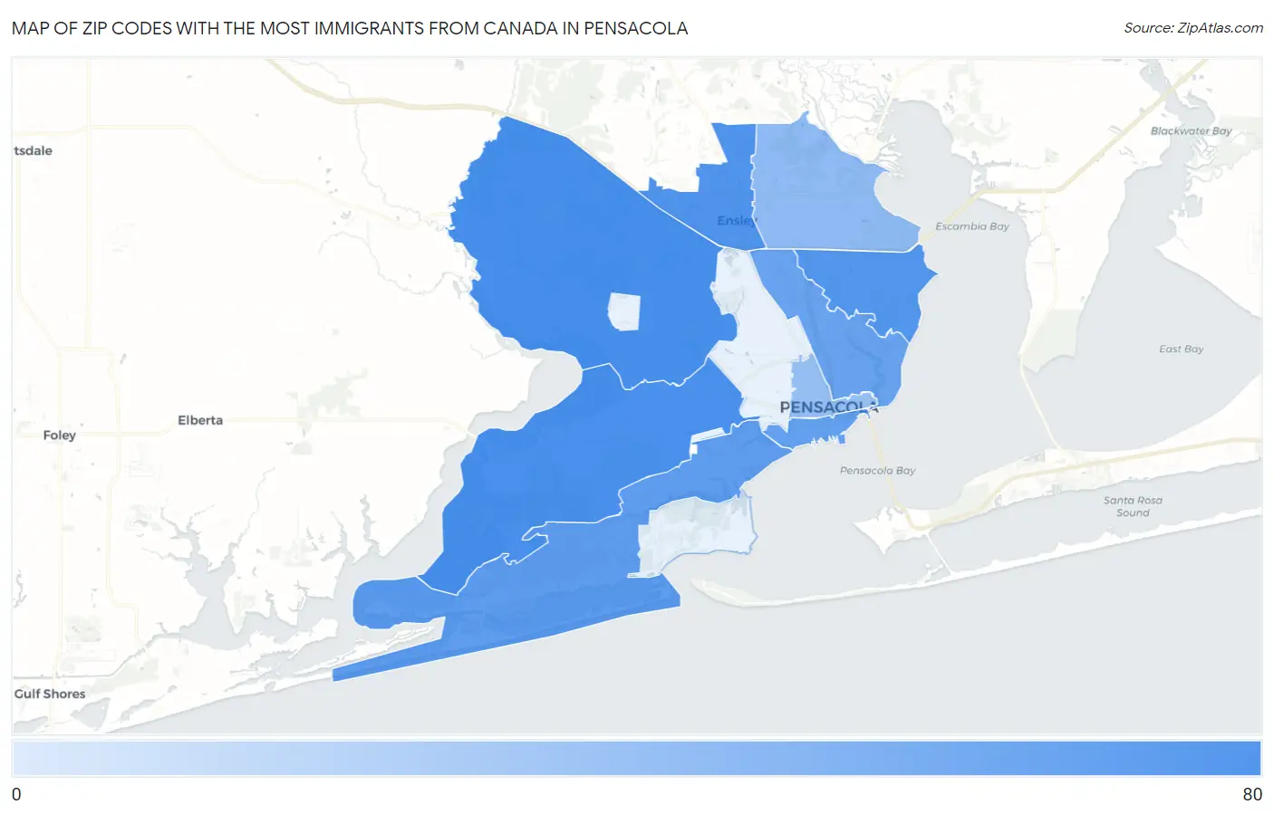 Zip Codes with the Most Immigrants from Canada in Pensacola Map