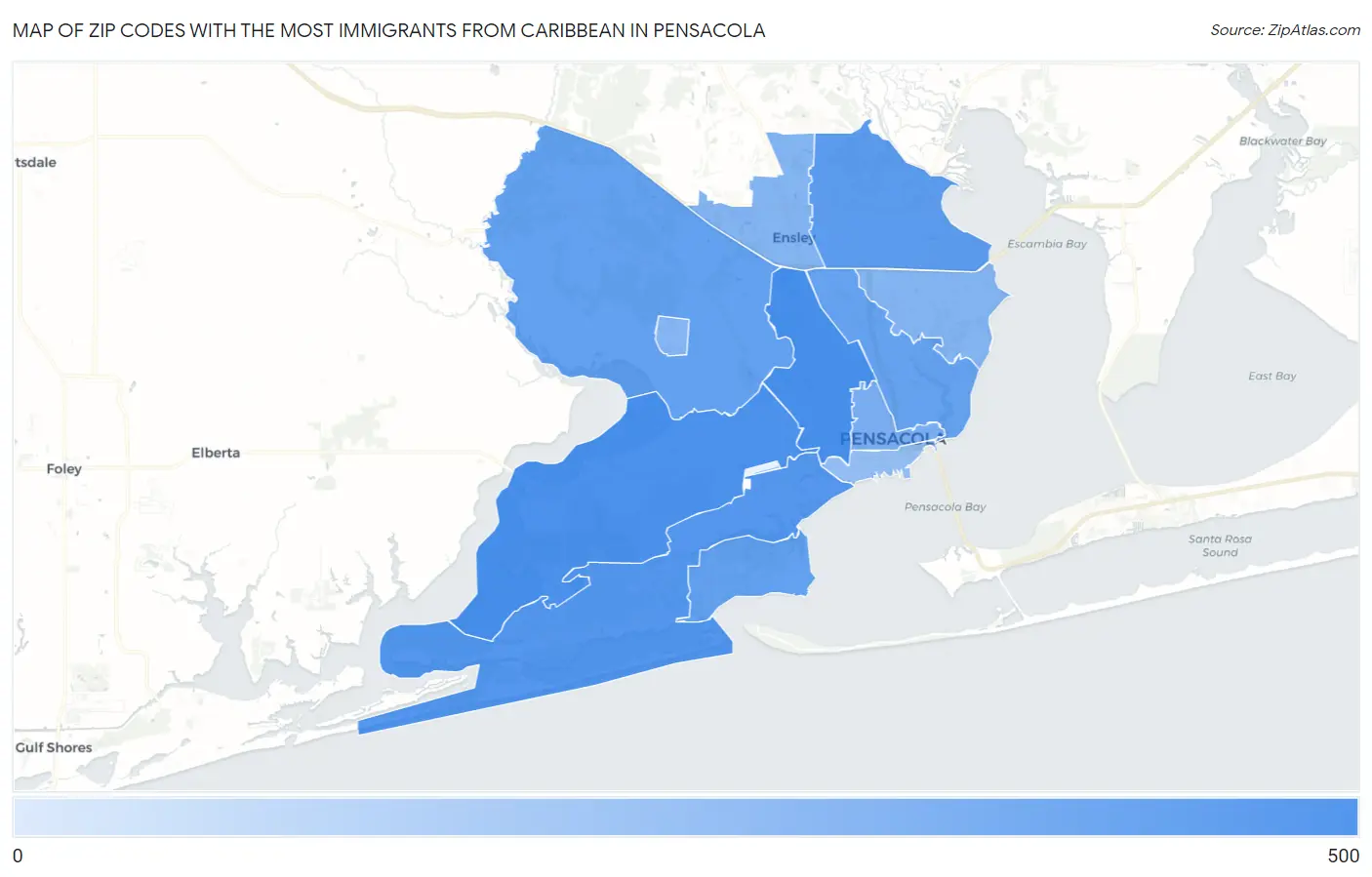 Zip Codes with the Most Immigrants from Caribbean in Pensacola Map