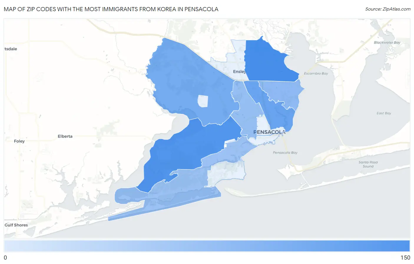 Zip Codes with the Most Immigrants from Korea in Pensacola Map