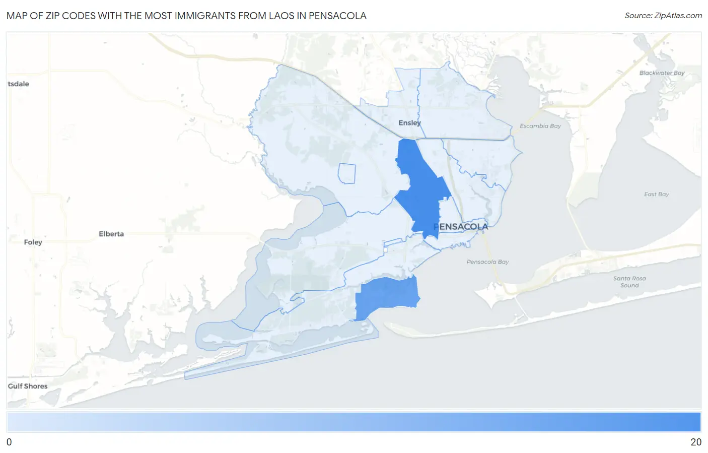 Zip Codes with the Most Immigrants from Laos in Pensacola Map