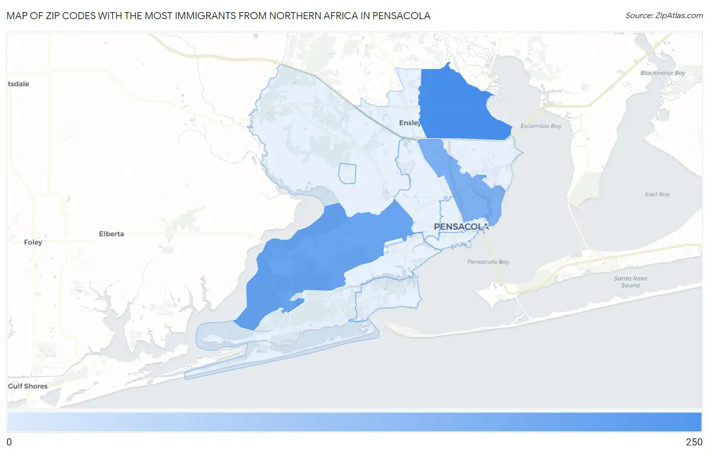 Zip Codes with the Most Immigrants from Northern Africa in Pensacola Map