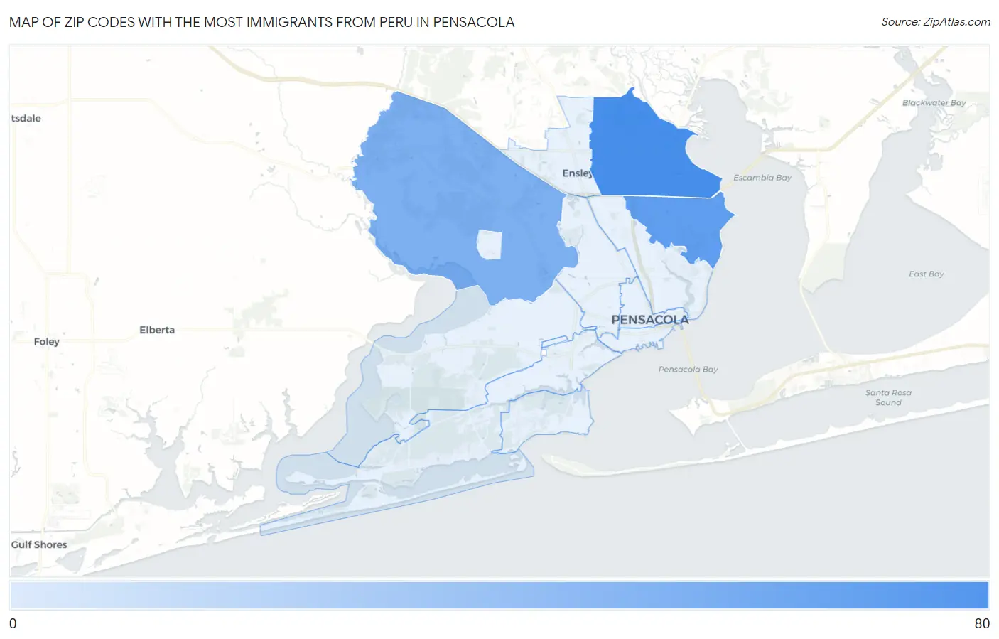 Zip Codes with the Most Immigrants from Peru in Pensacola Map