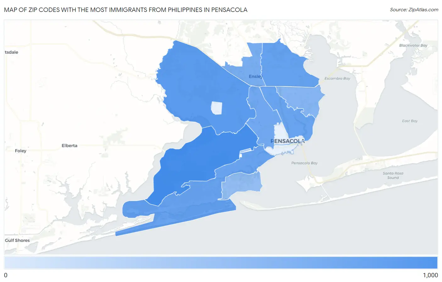 Zip Codes with the Most Immigrants from Philippines in Pensacola Map