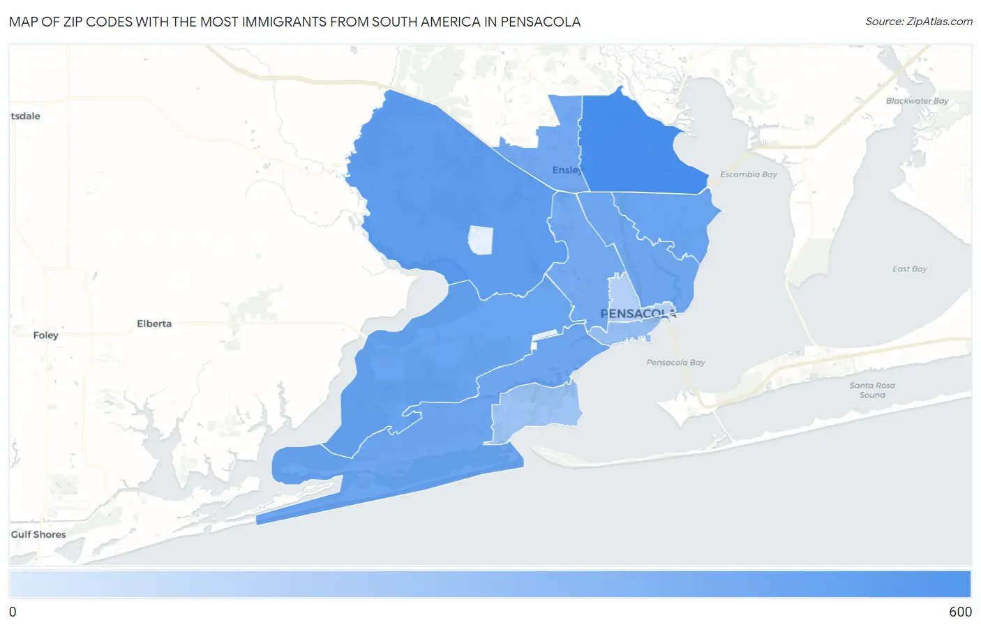 Zip Codes with the Most Immigrants from South America in Pensacola Map