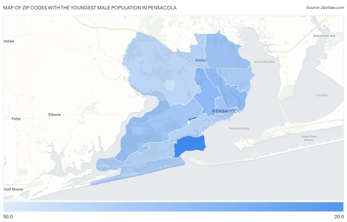 Zip Codes with the Youngest Male Population in Pensacola Map