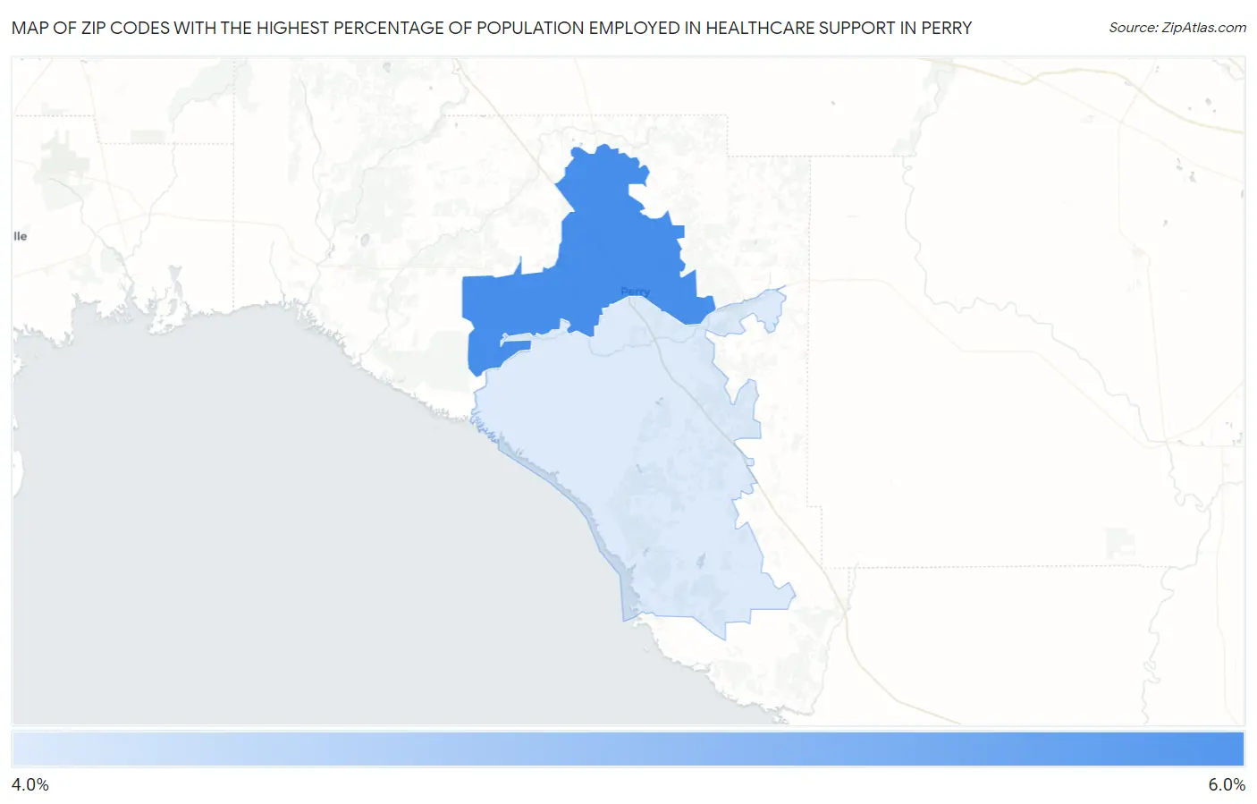 Zip Codes with the Highest Percentage of Population Employed in Healthcare Support in Perry Map