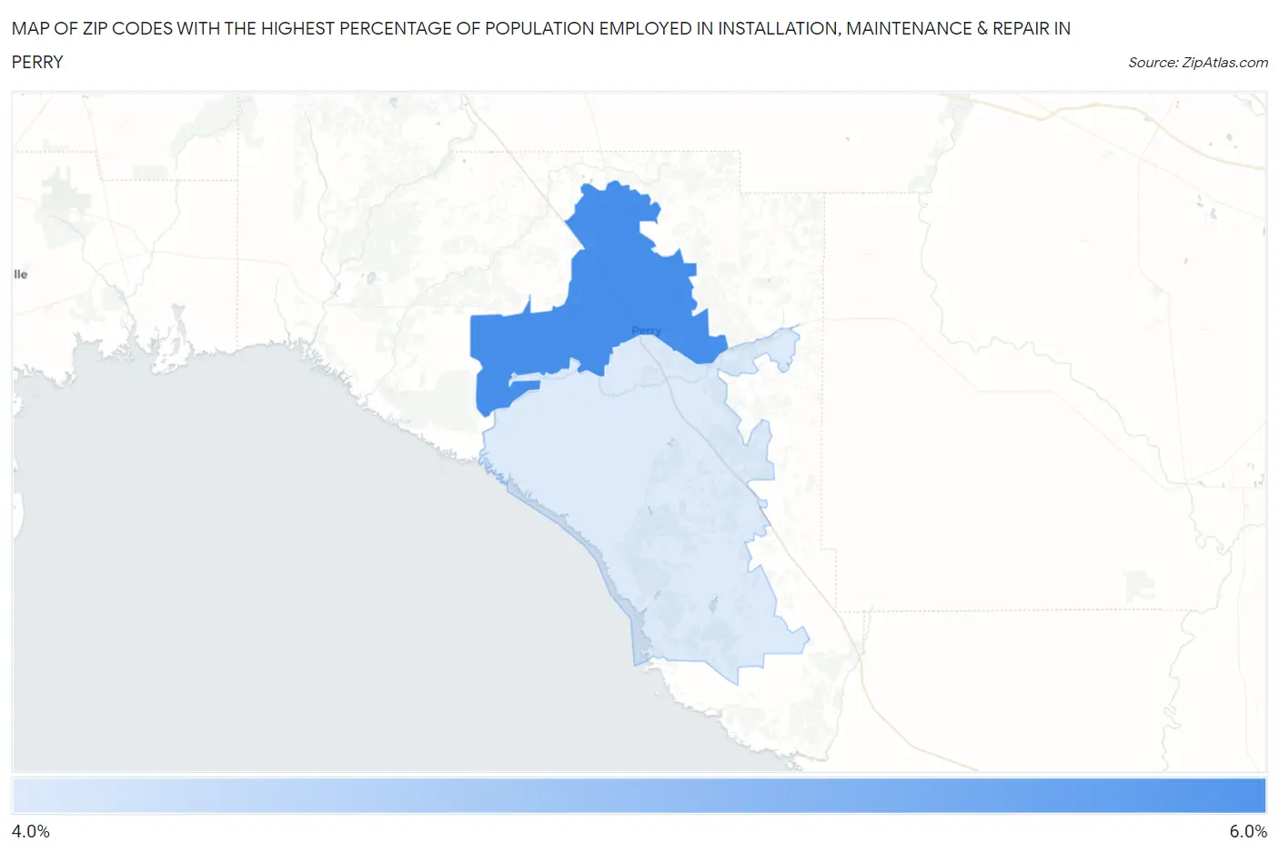 Zip Codes with the Highest Percentage of Population Employed in Installation, Maintenance & Repair in Perry Map