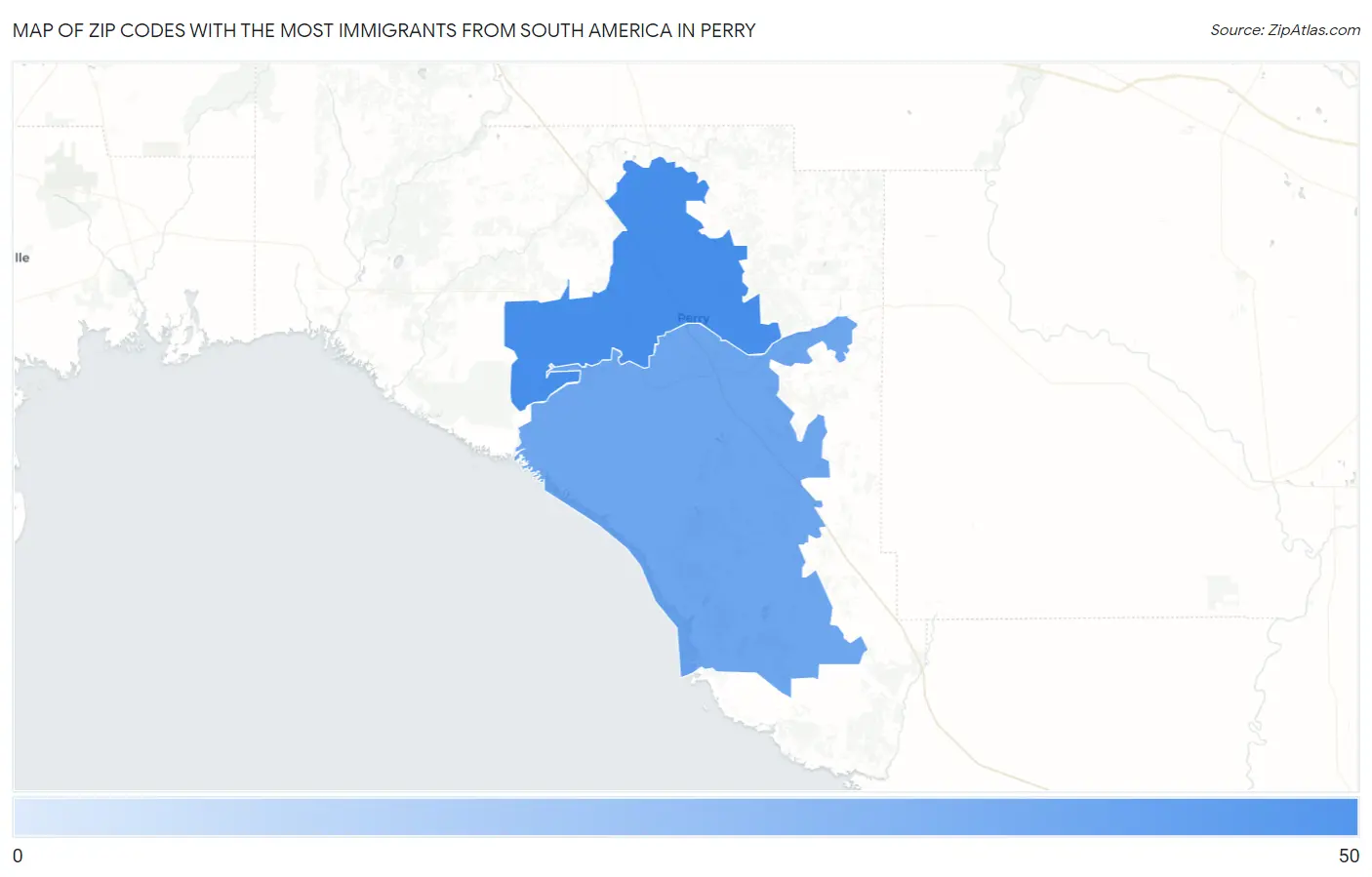 Zip Codes with the Most Immigrants from South America in Perry Map