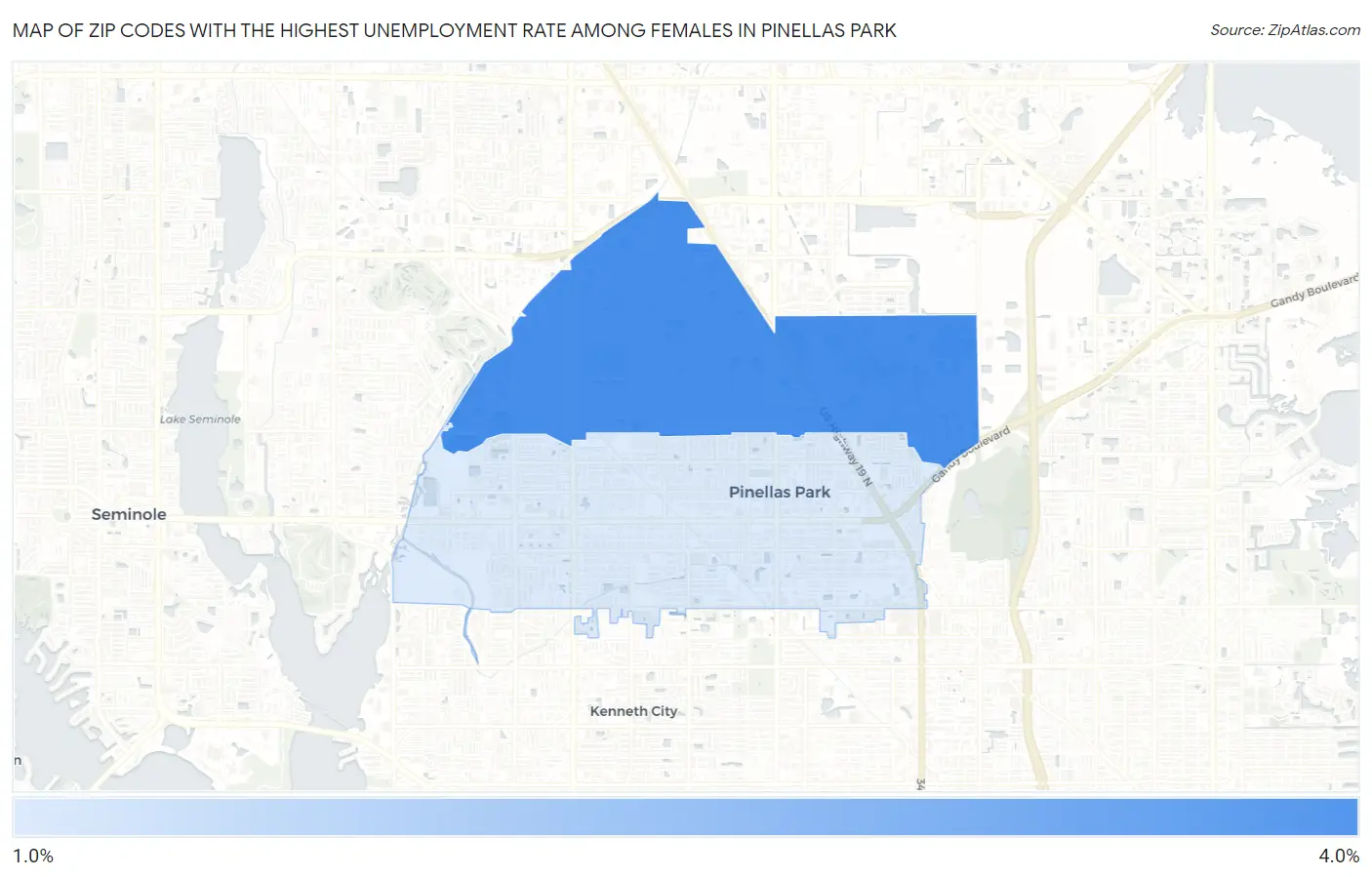Zip Codes with the Highest Unemployment Rate Among Females in Pinellas Park Map