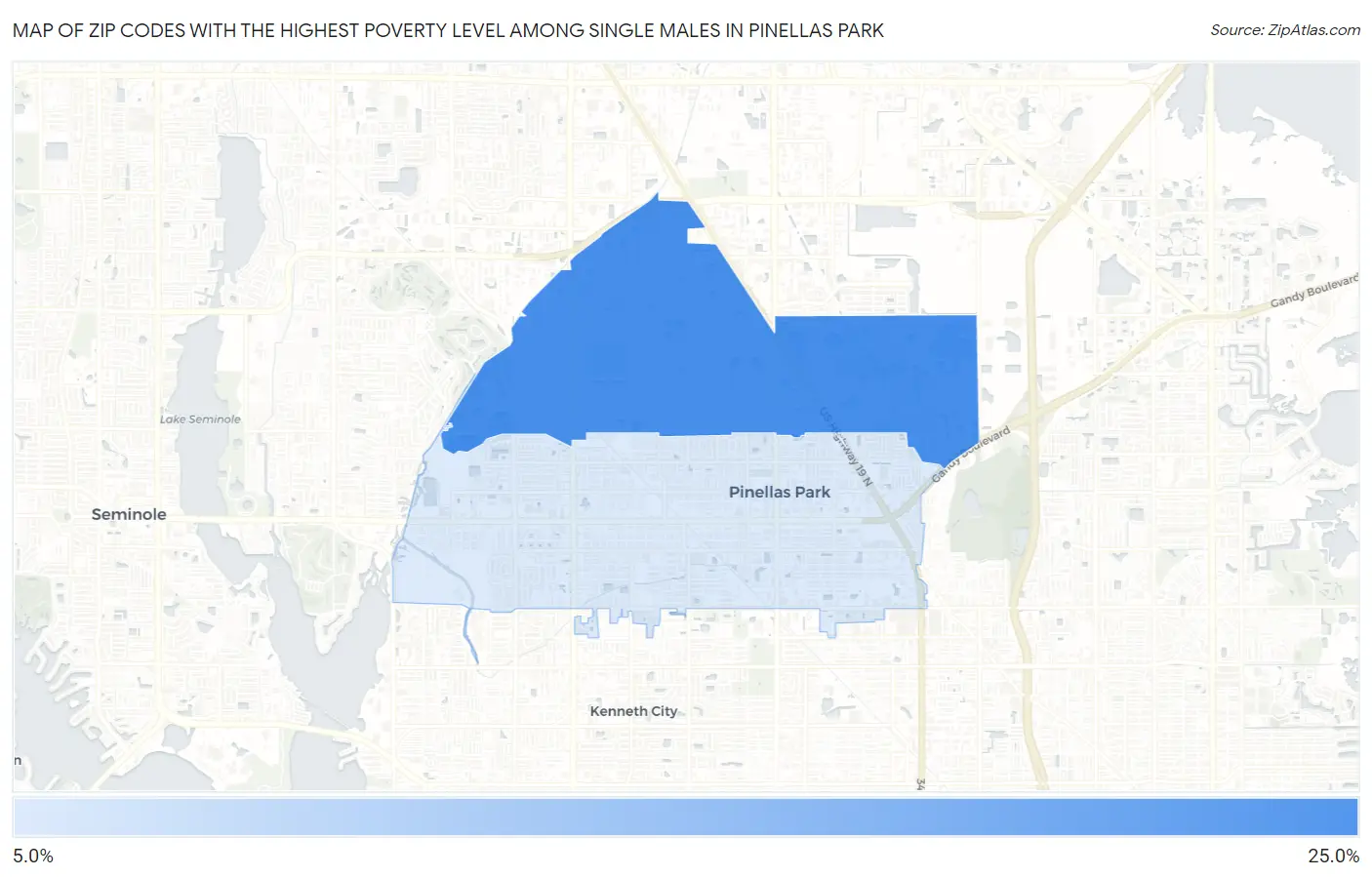 Zip Codes with the Highest Poverty Level Among Single Males in Pinellas Park Map