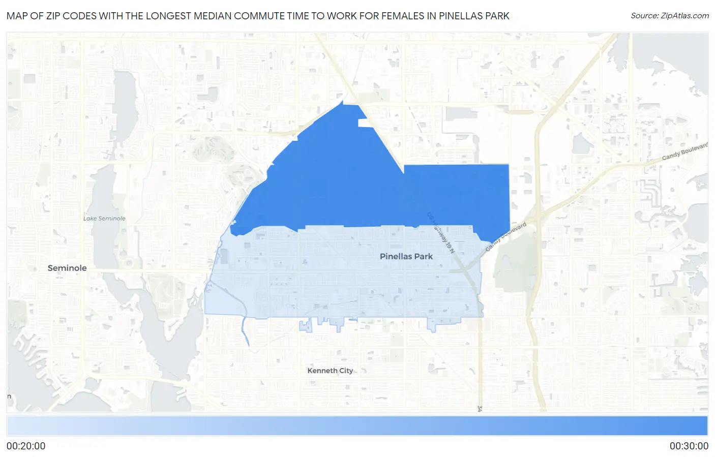 Zip Codes with the Longest Median Commute Time to Work for Females in Pinellas Park Map