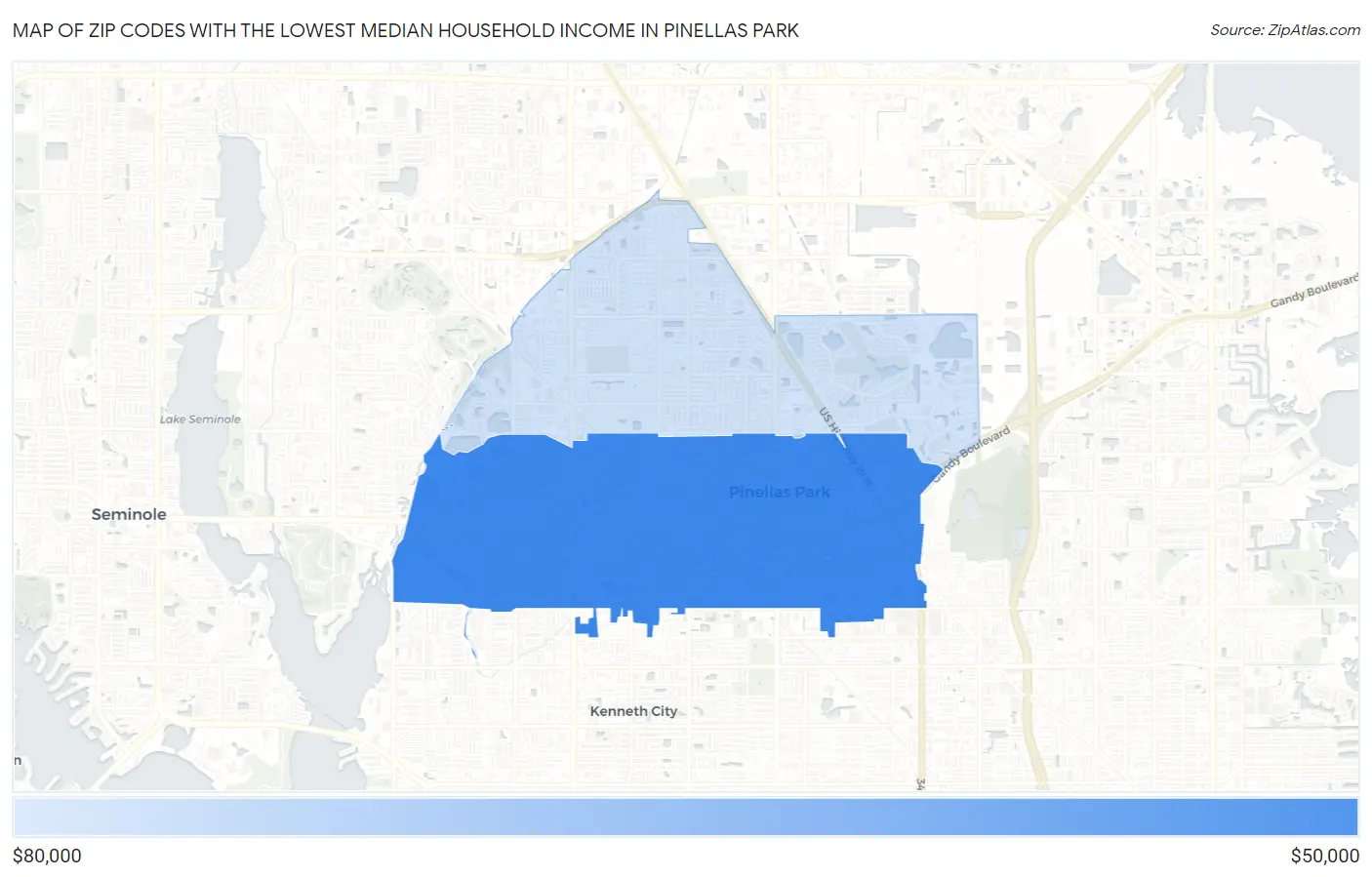 Zip Codes with the Lowest Median Household Income in Pinellas Park Map