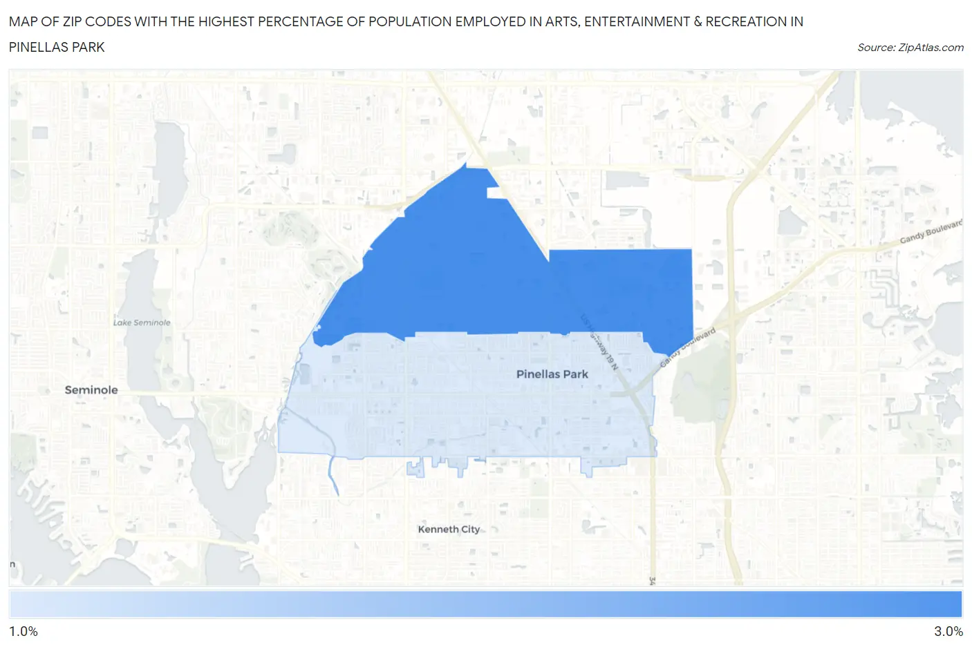 Zip Codes with the Highest Percentage of Population Employed in Arts, Entertainment & Recreation in Pinellas Park Map