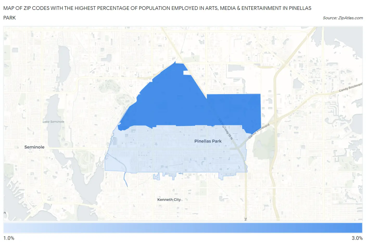 Zip Codes with the Highest Percentage of Population Employed in Arts, Media & Entertainment in Pinellas Park Map