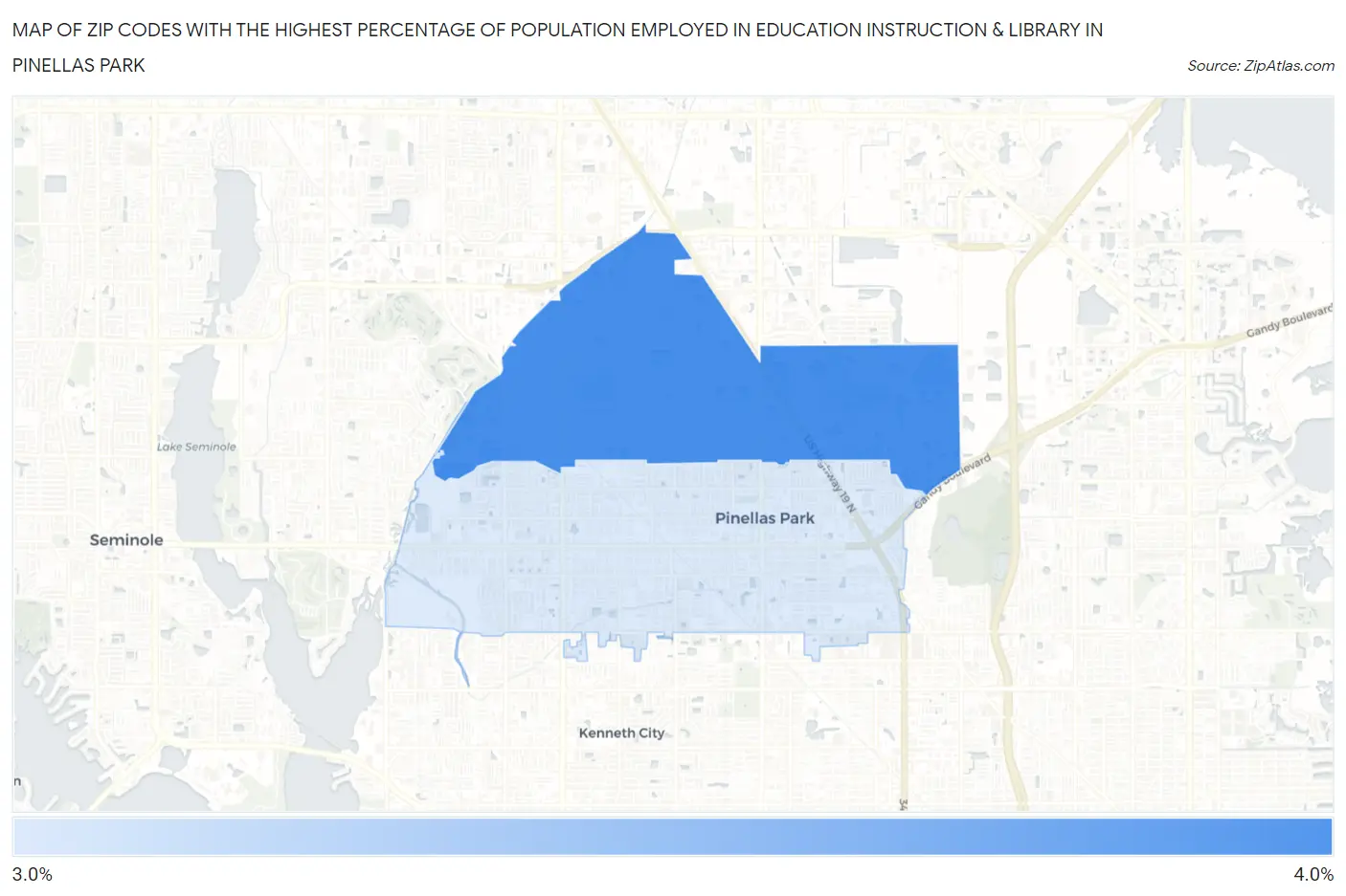 Zip Codes with the Highest Percentage of Population Employed in Education Instruction & Library in Pinellas Park Map