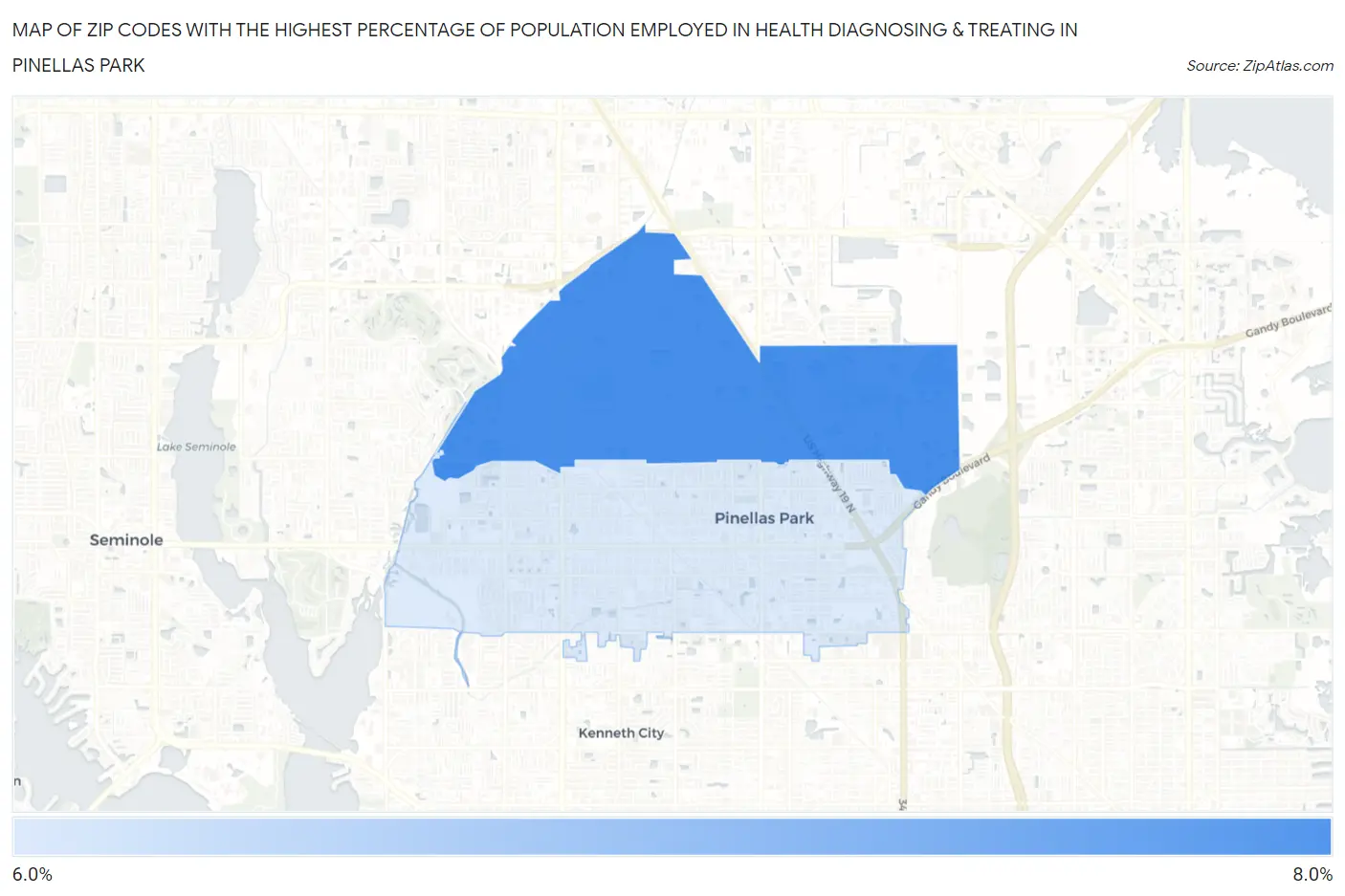 Zip Codes with the Highest Percentage of Population Employed in Health Diagnosing & Treating in Pinellas Park Map