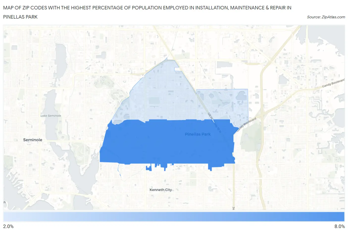 Zip Codes with the Highest Percentage of Population Employed in Installation, Maintenance & Repair in Pinellas Park Map