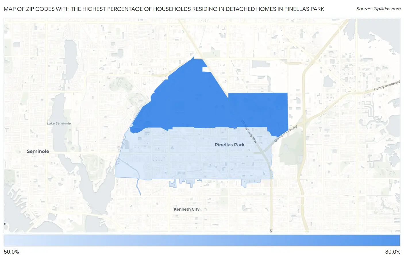 Zip Codes with the Highest Percentage of Households Residing in Detached Homes in Pinellas Park Map