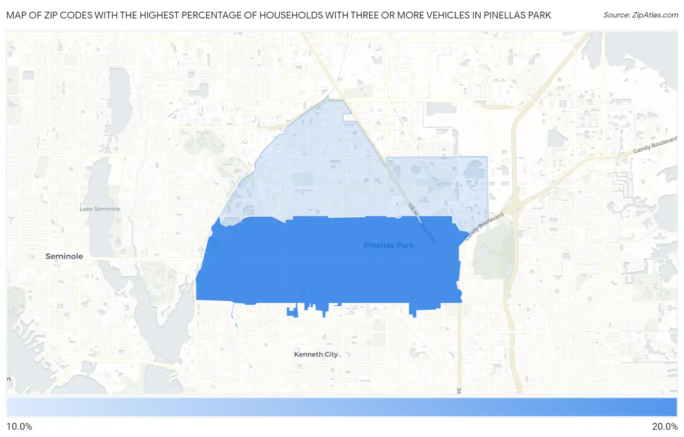 Zip Codes with the Highest Percentage of Households With Three or more Vehicles in Pinellas Park Map