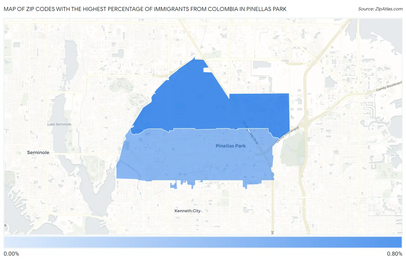 Zip Codes with the Highest Percentage of Immigrants from Colombia in Pinellas Park Map