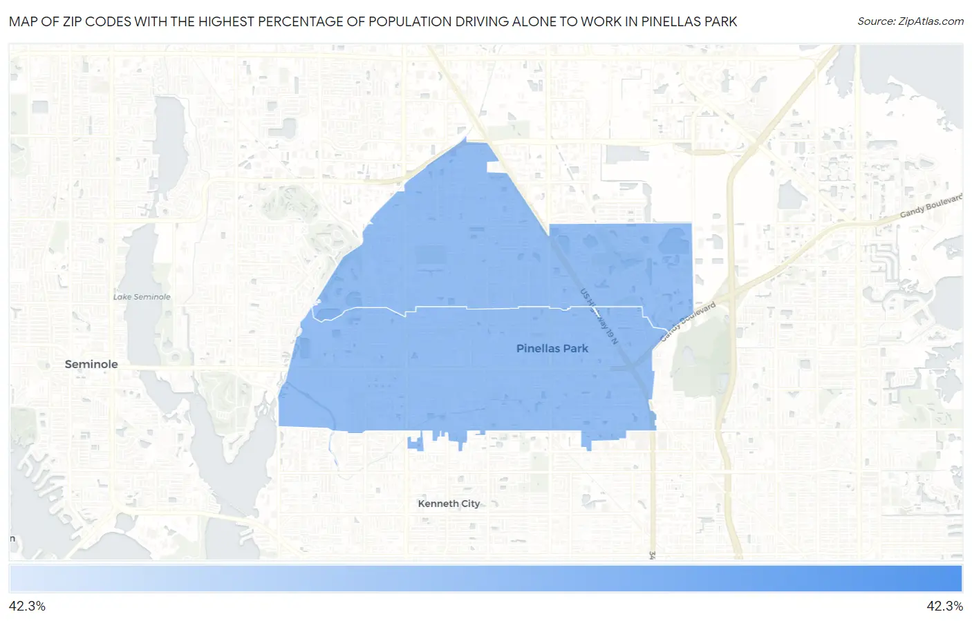 Zip Codes with the Highest Percentage of Population Driving Alone to Work in Pinellas Park Map