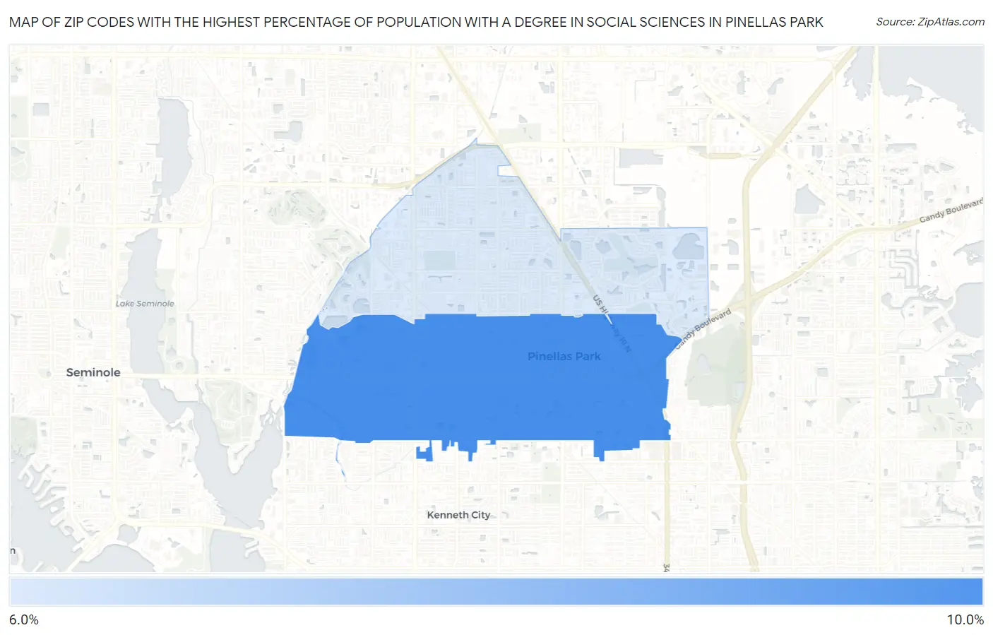 Zip Codes with the Highest Percentage of Population with a Degree in Social Sciences in Pinellas Park Map