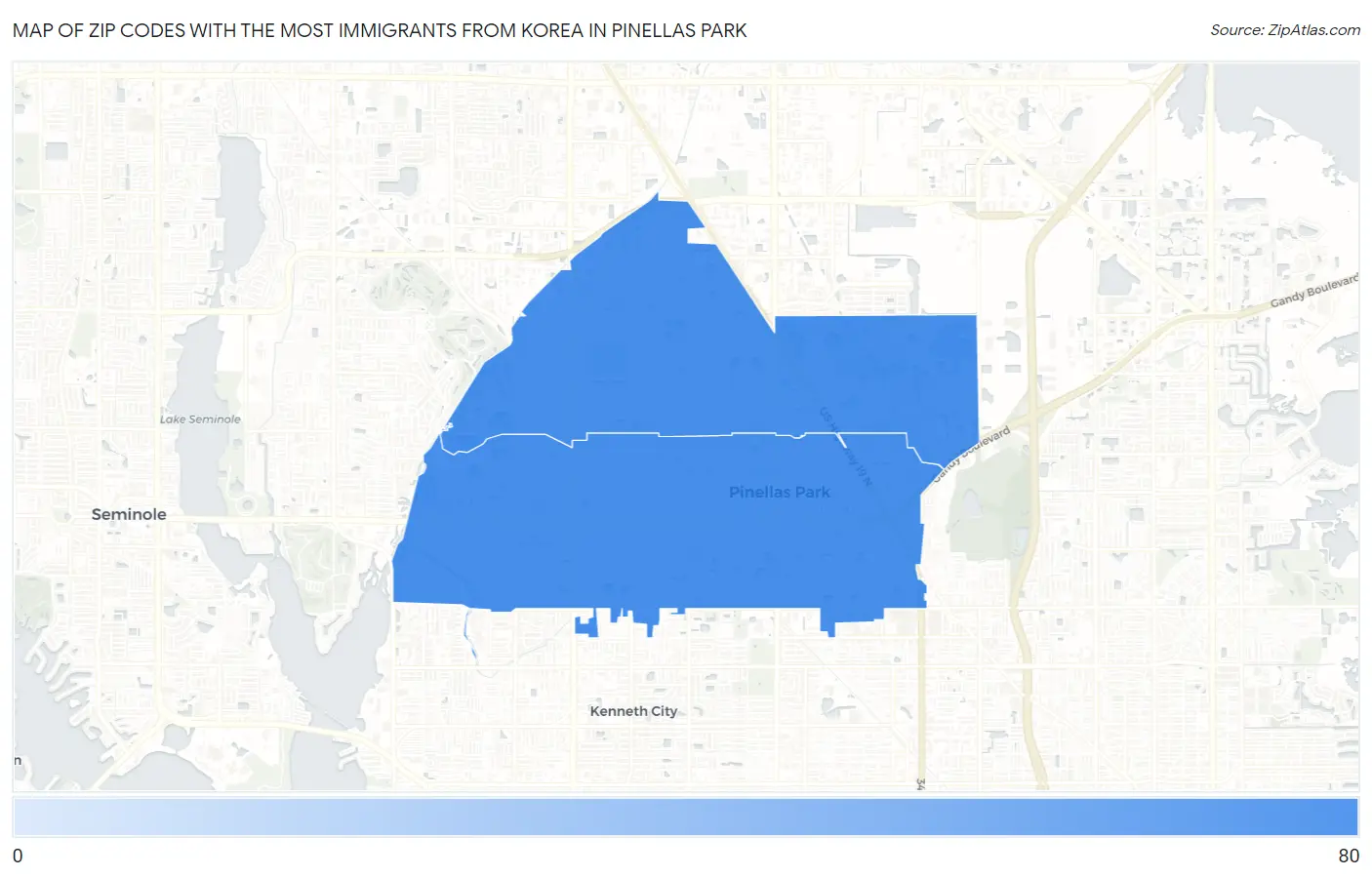 Zip Codes with the Most Immigrants from Korea in Pinellas Park Map