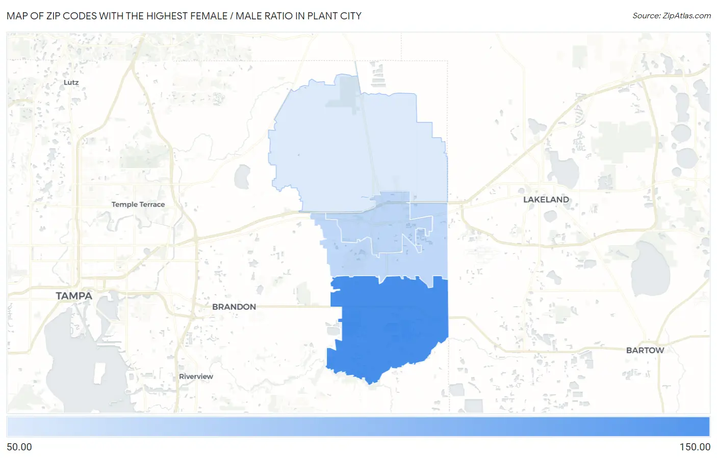 Zip Codes with the Highest Female / Male Ratio in Plant City Map