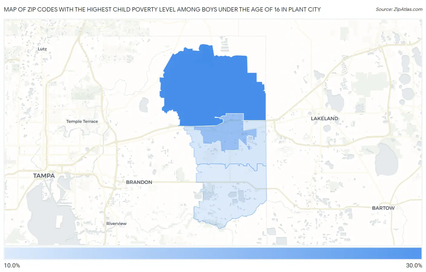 Zip Codes with the Highest Child Poverty Level Among Boys Under the Age of 16 in Plant City Map