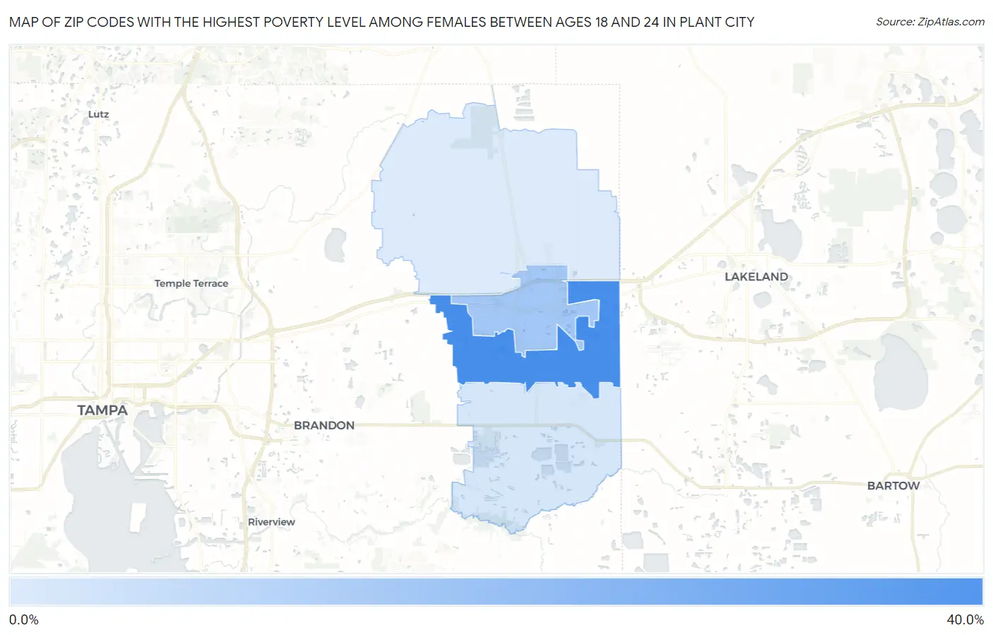 Zip Codes with the Highest Poverty Level Among Females Between Ages 18 and 24 in Plant City Map