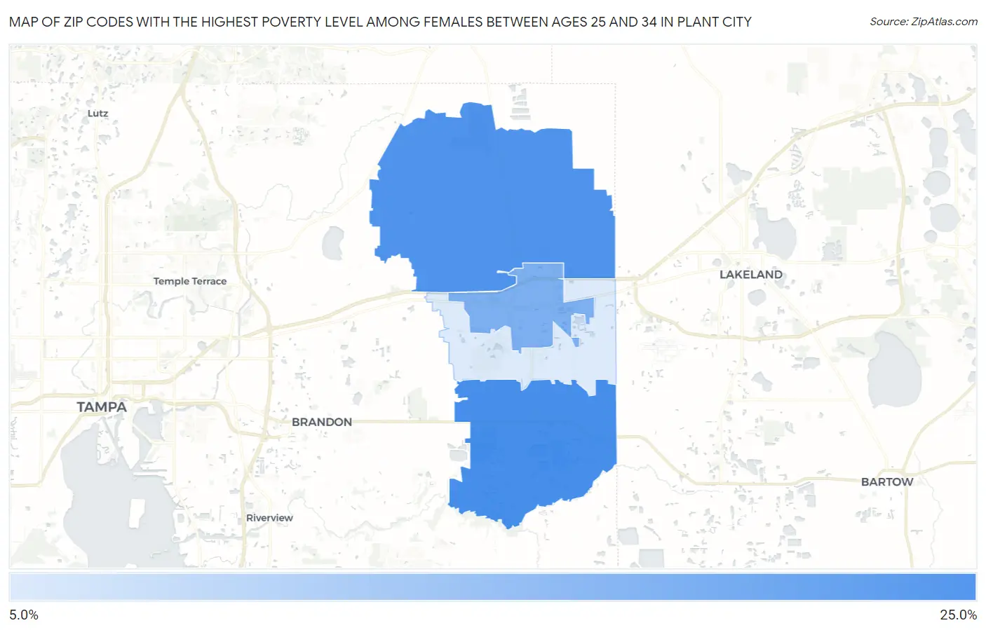 Zip Codes with the Highest Poverty Level Among Females Between Ages 25 and 34 in Plant City Map