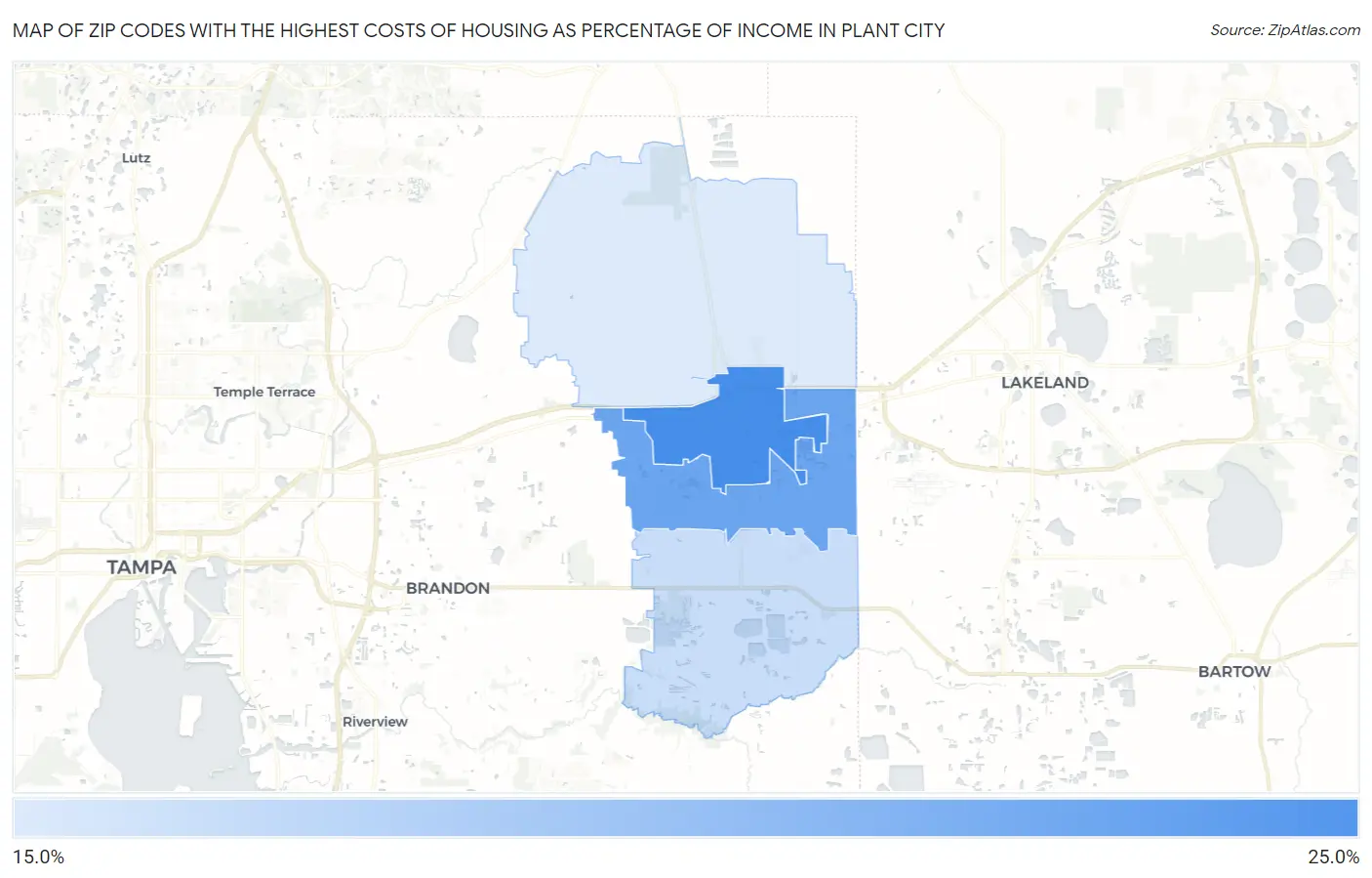 Zip Codes with the Highest Costs of Housing as Percentage of Income in Plant City Map