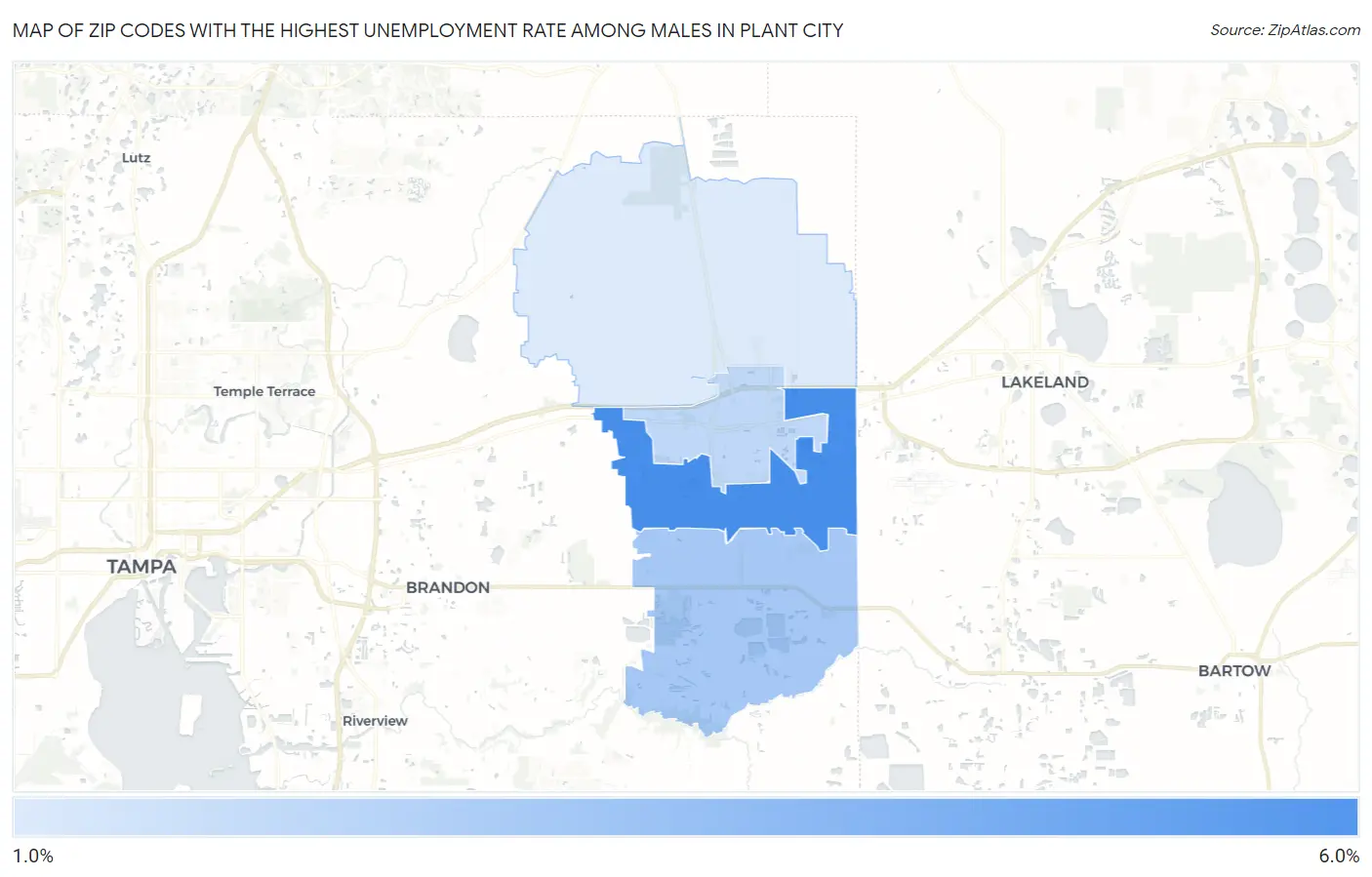 Zip Codes with the Highest Unemployment Rate Among Males in Plant City Map