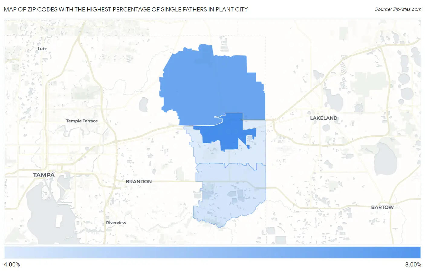 Zip Codes with the Highest Percentage of Single Fathers in Plant City Map