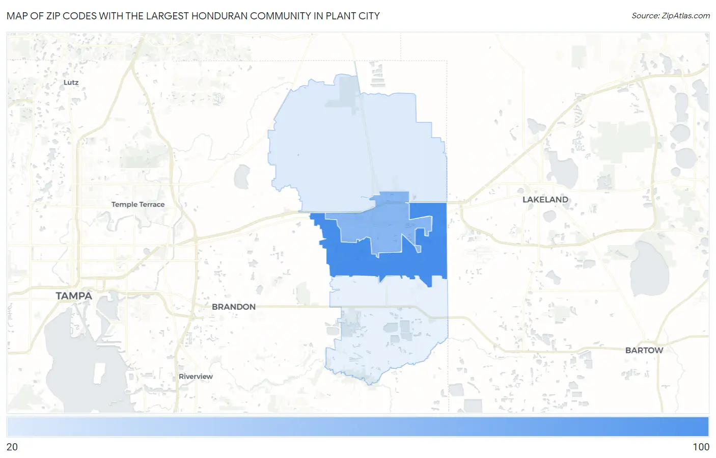 Zip Codes with the Largest Honduran Community in Plant City Map