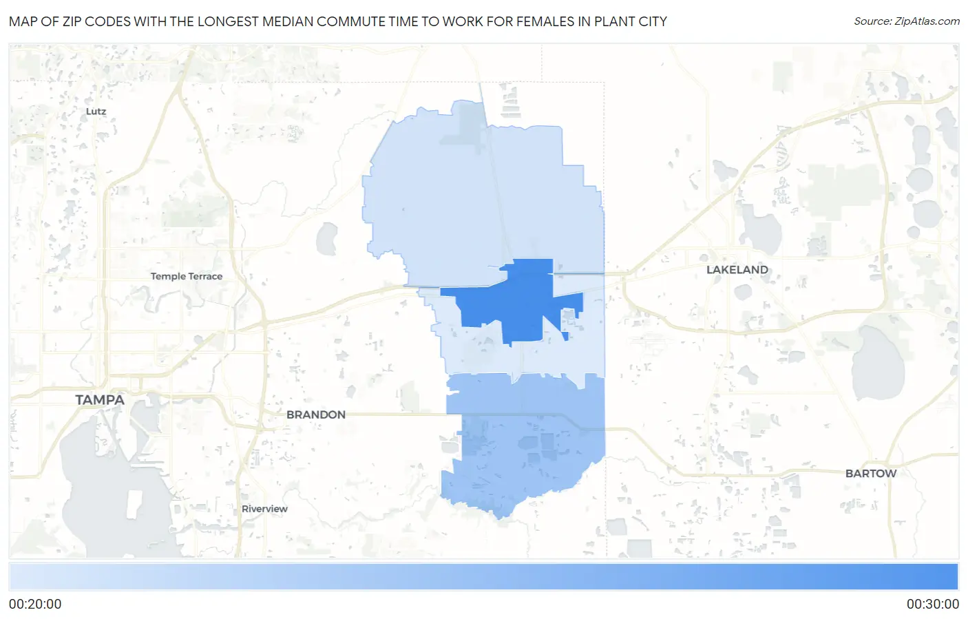 Zip Codes with the Longest Median Commute Time to Work for Females in Plant City Map