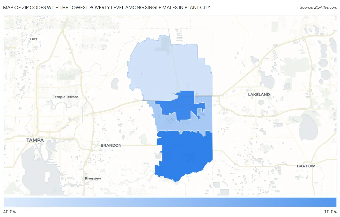Zip Codes with the Lowest Poverty Level Among Single Males in Plant City Map