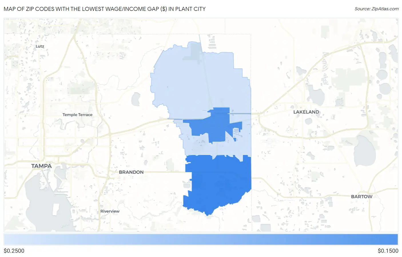 Zip Codes with the Lowest Wage/Income Gap ($) in Plant City Map