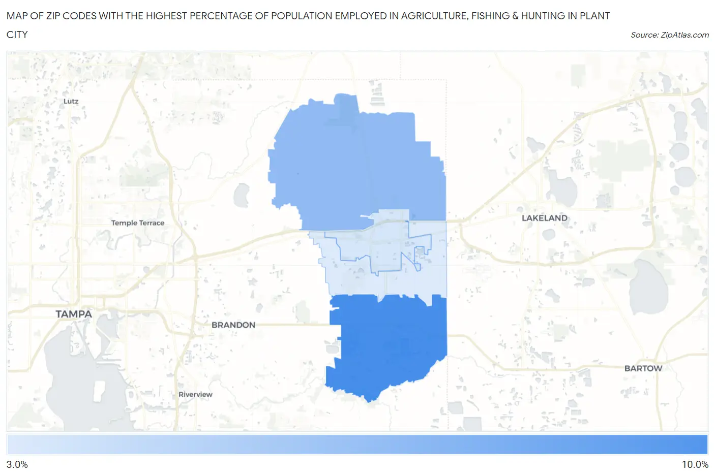Zip Codes with the Highest Percentage of Population Employed in Agriculture, Fishing & Hunting in Plant City Map
