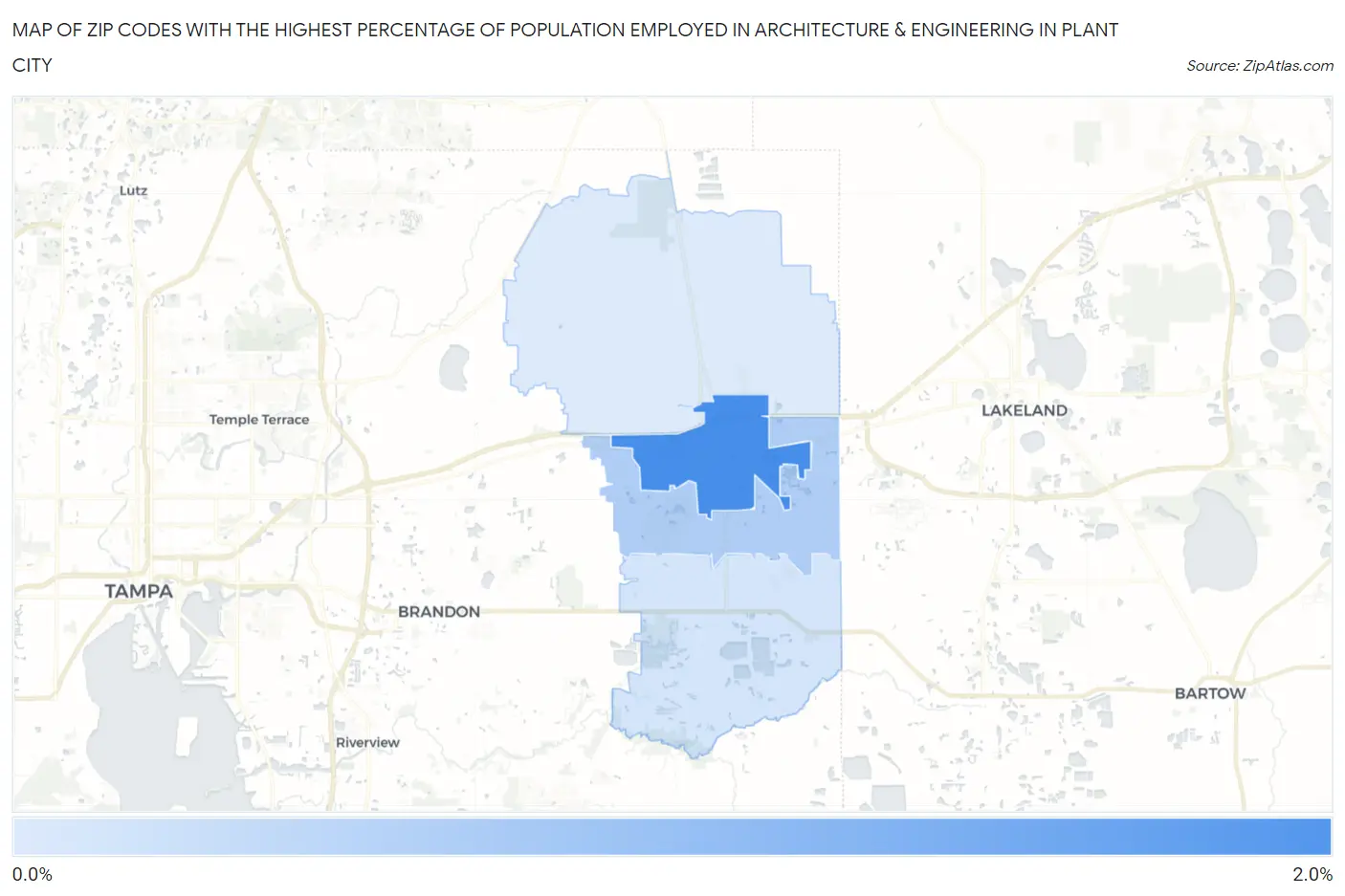 Zip Codes with the Highest Percentage of Population Employed in Architecture & Engineering in Plant City Map