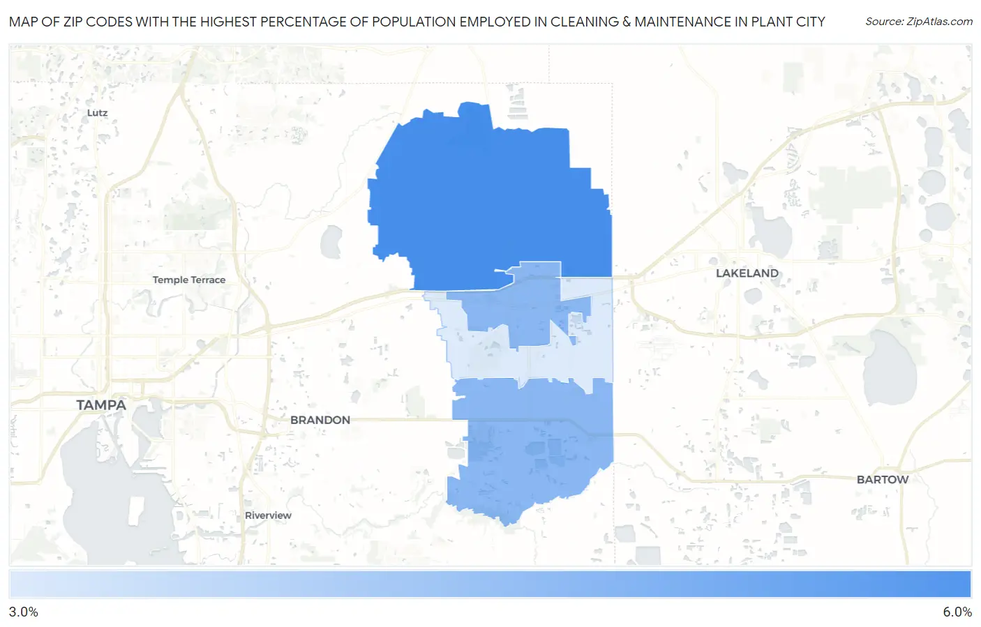 Zip Codes with the Highest Percentage of Population Employed in Cleaning & Maintenance in Plant City Map