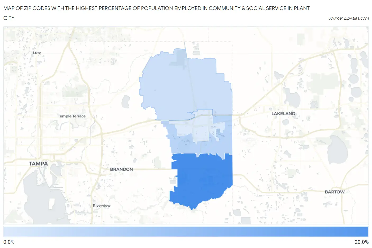 Zip Codes with the Highest Percentage of Population Employed in Community & Social Service  in Plant City Map