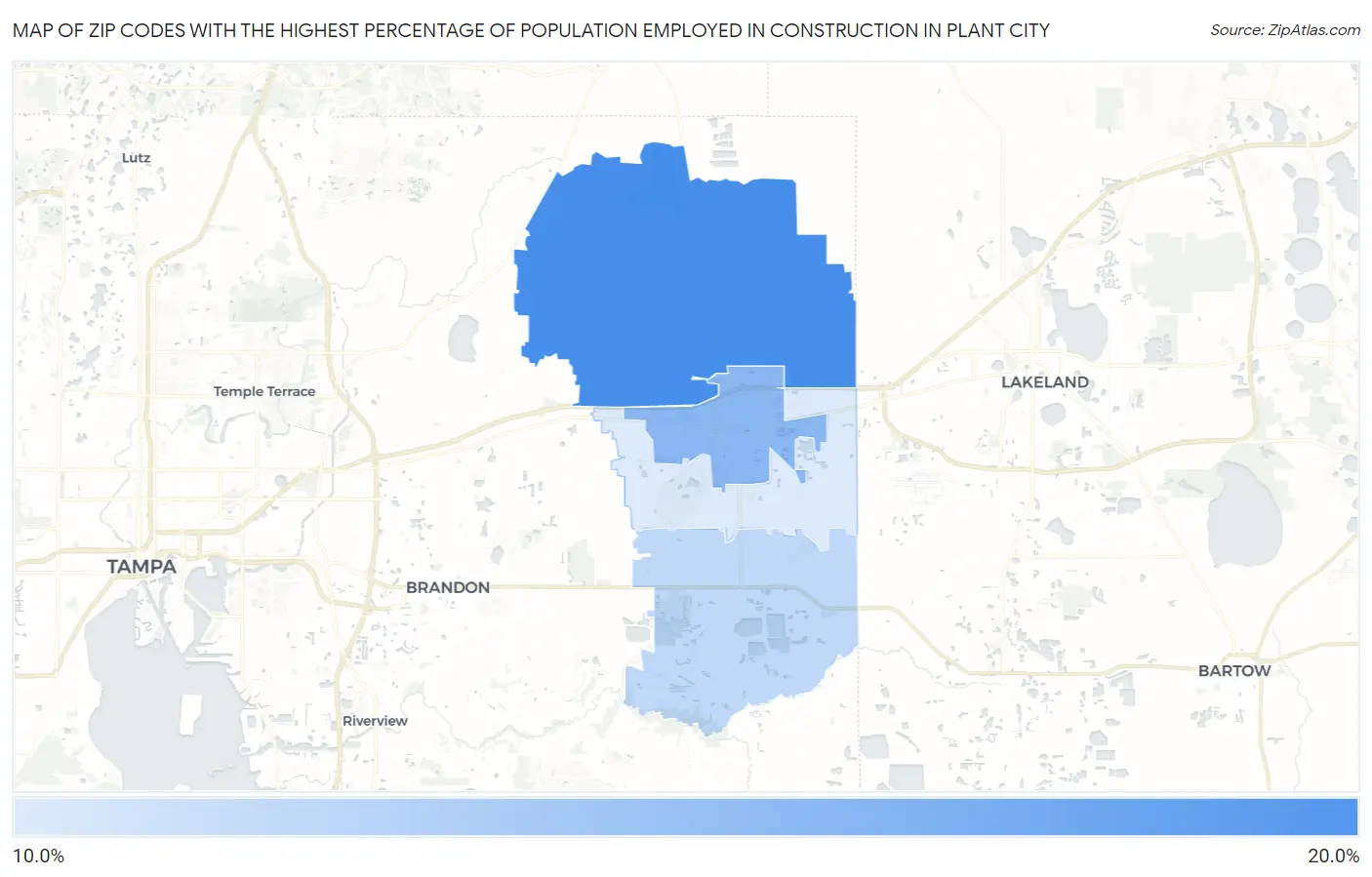 Zip Codes with the Highest Percentage of Population Employed in Construction in Plant City Map