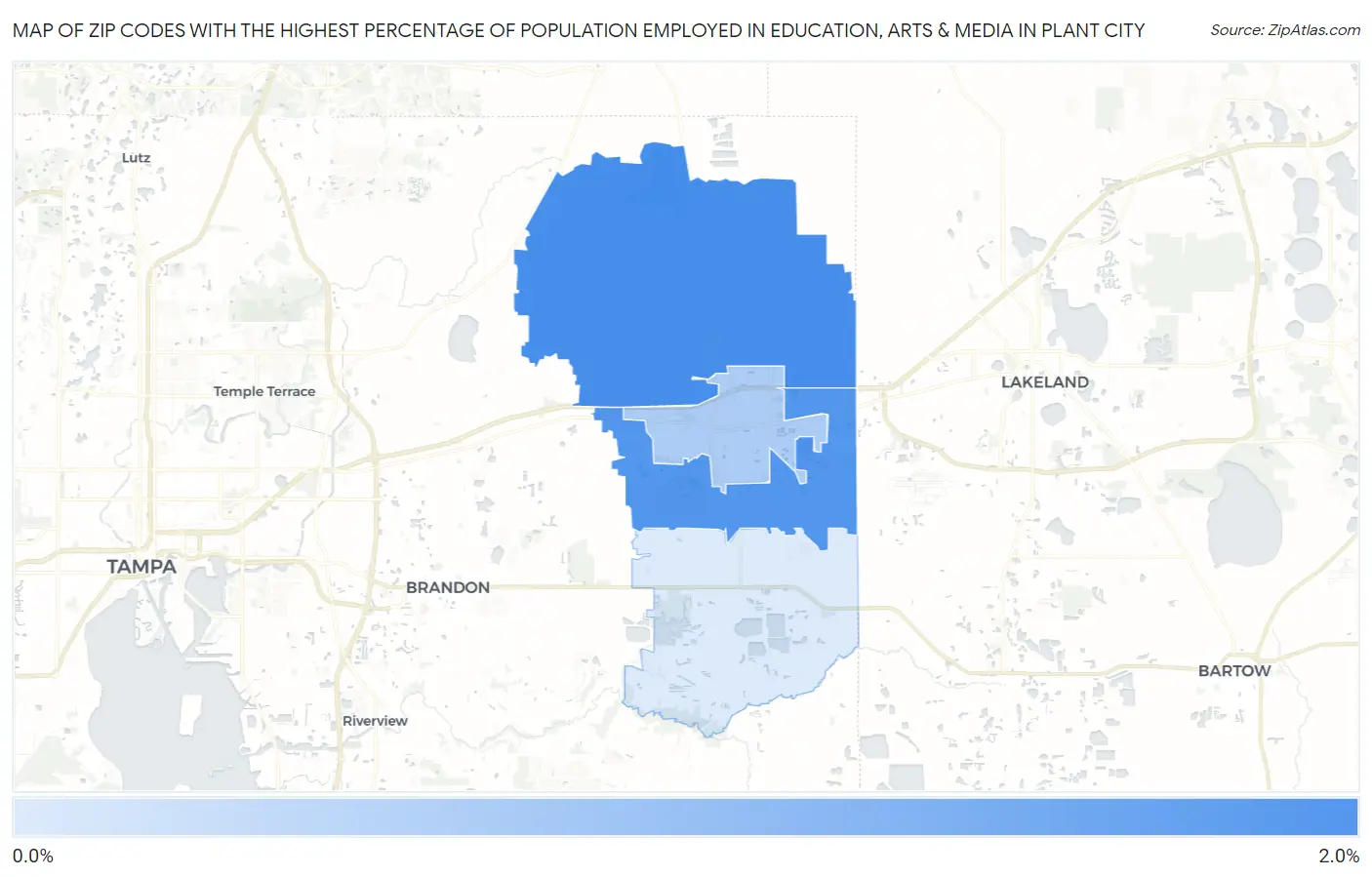 Zip Codes with the Highest Percentage of Population Employed in Education, Arts & Media in Plant City Map