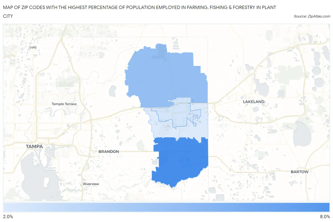 Zip Codes with the Highest Percentage of Population Employed in Farming, Fishing & Forestry in Plant City Map