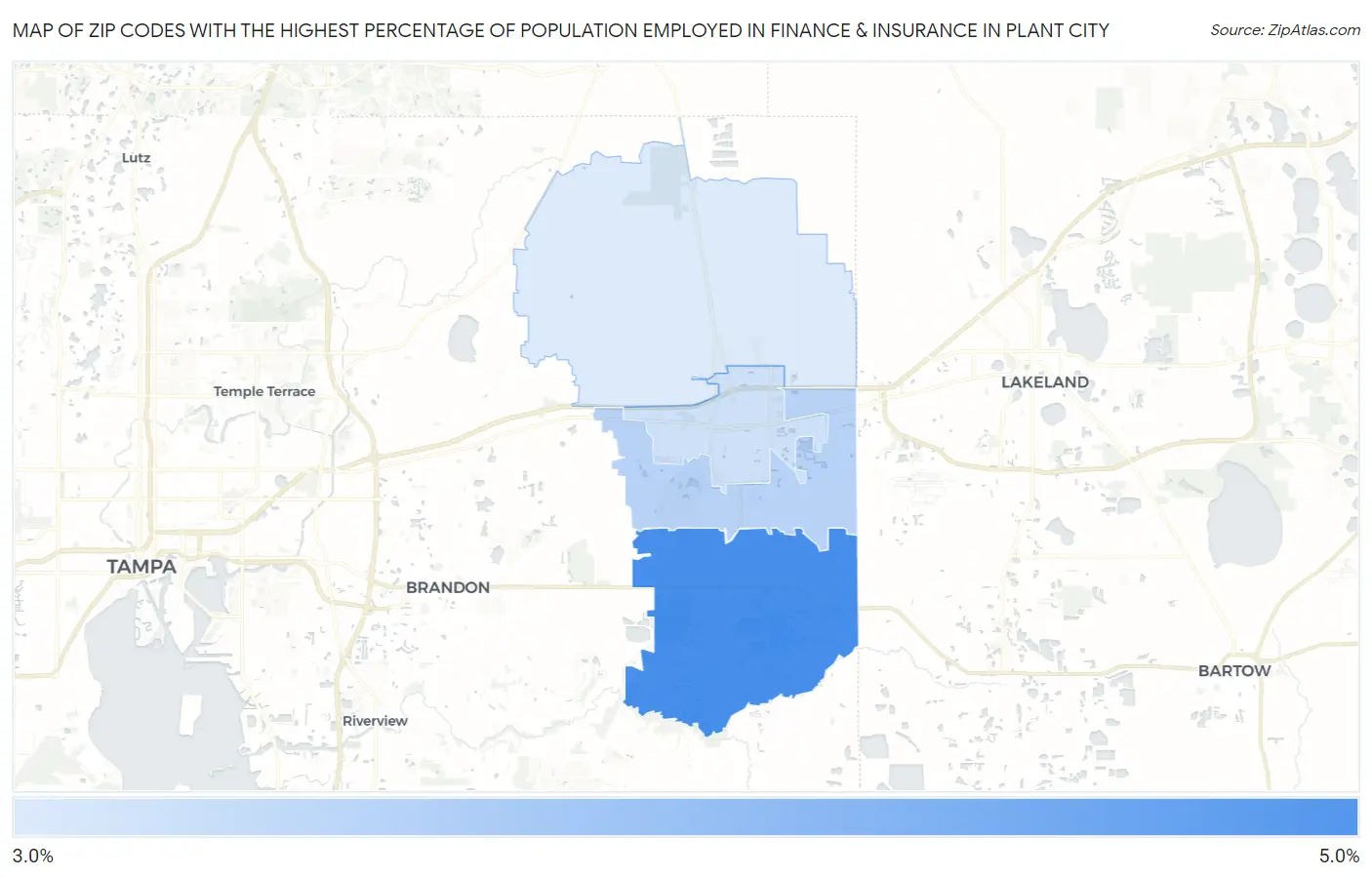 Zip Codes with the Highest Percentage of Population Employed in Finance & Insurance in Plant City Map