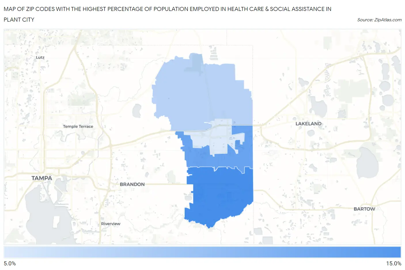 Zip Codes with the Highest Percentage of Population Employed in Health Care & Social Assistance in Plant City Map